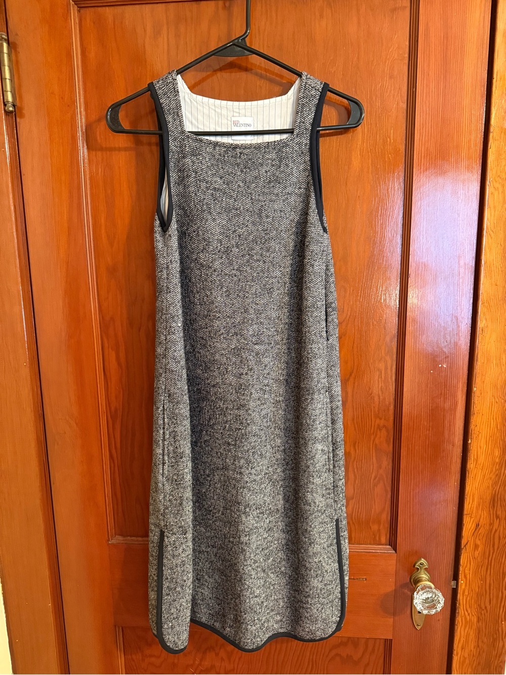 RED Valentino Sleeveless Grey Tweed Midi Dress with Black Trim